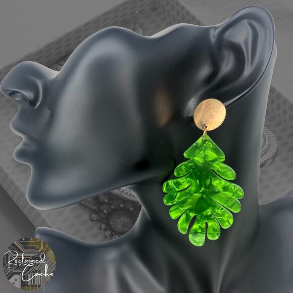 Green Resin Leaf Earrings - Picture 1 of 4